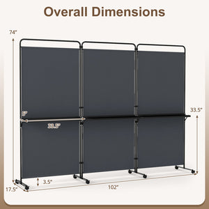 3-Panel Room Divider with Shelves 6 FT Tall Folding Privacy Screen with Lockable Wheels-Gray view 5