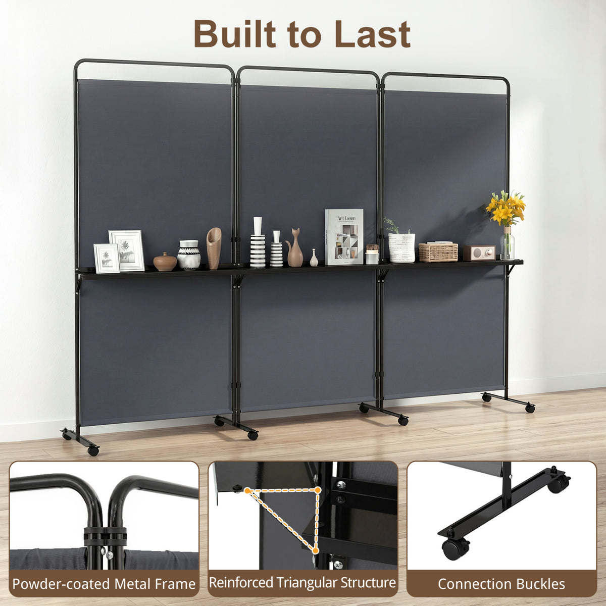 3-Panel Room Divider with Shelves 6 FT Tall Folding Privacy Screen with Lockable Wheels-Gray view 7