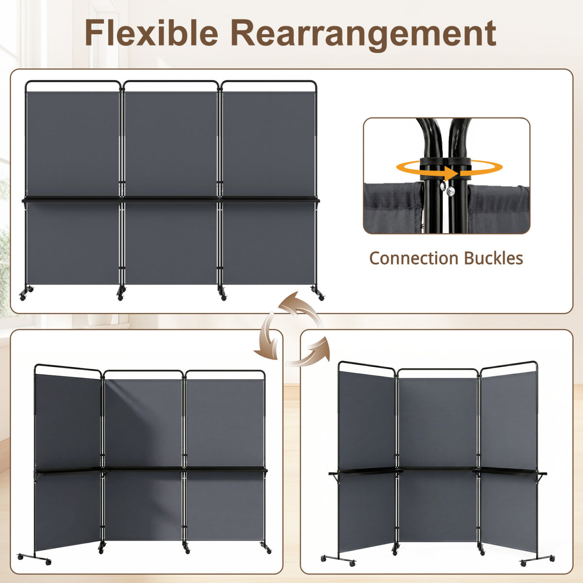 3-Panel Room Divider with Shelves 6 FT Tall Folding Privacy Screen with Lockable Wheels-Gray view 8