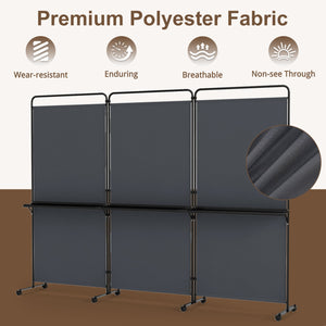 3-Panel Room Divider with Shelves 6 FT Tall Folding Privacy Screen with Lockable Wheels-Gray view 9