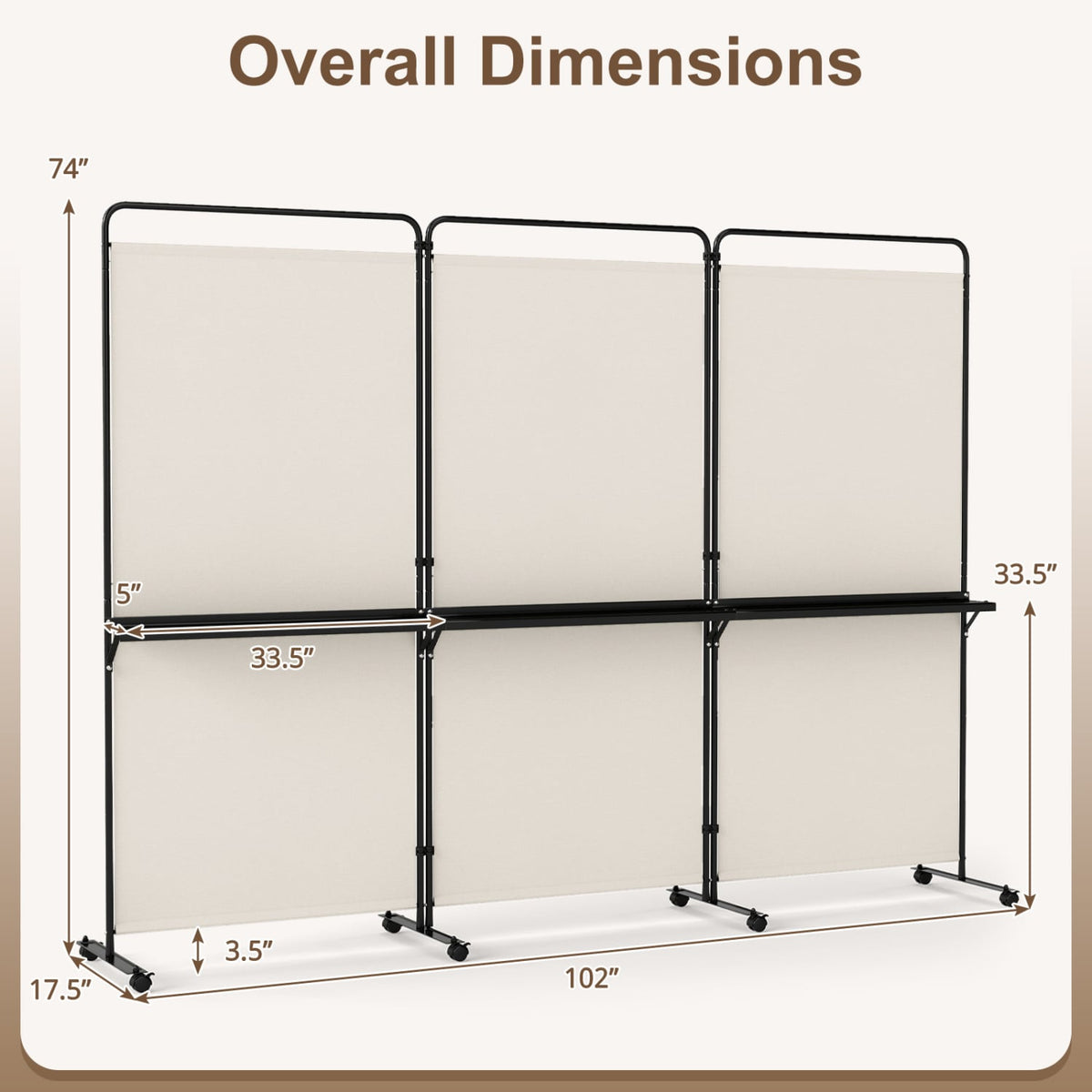 3-Panel Room Divider with Shelves 6 FT Tall Folding Privacy Screen with Lockable Wheels-White view 5