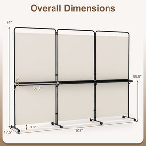 3-Panel Room Divider with Shelves 6 FT Tall Folding Privacy Screen with Lockable Wheels-White view 5