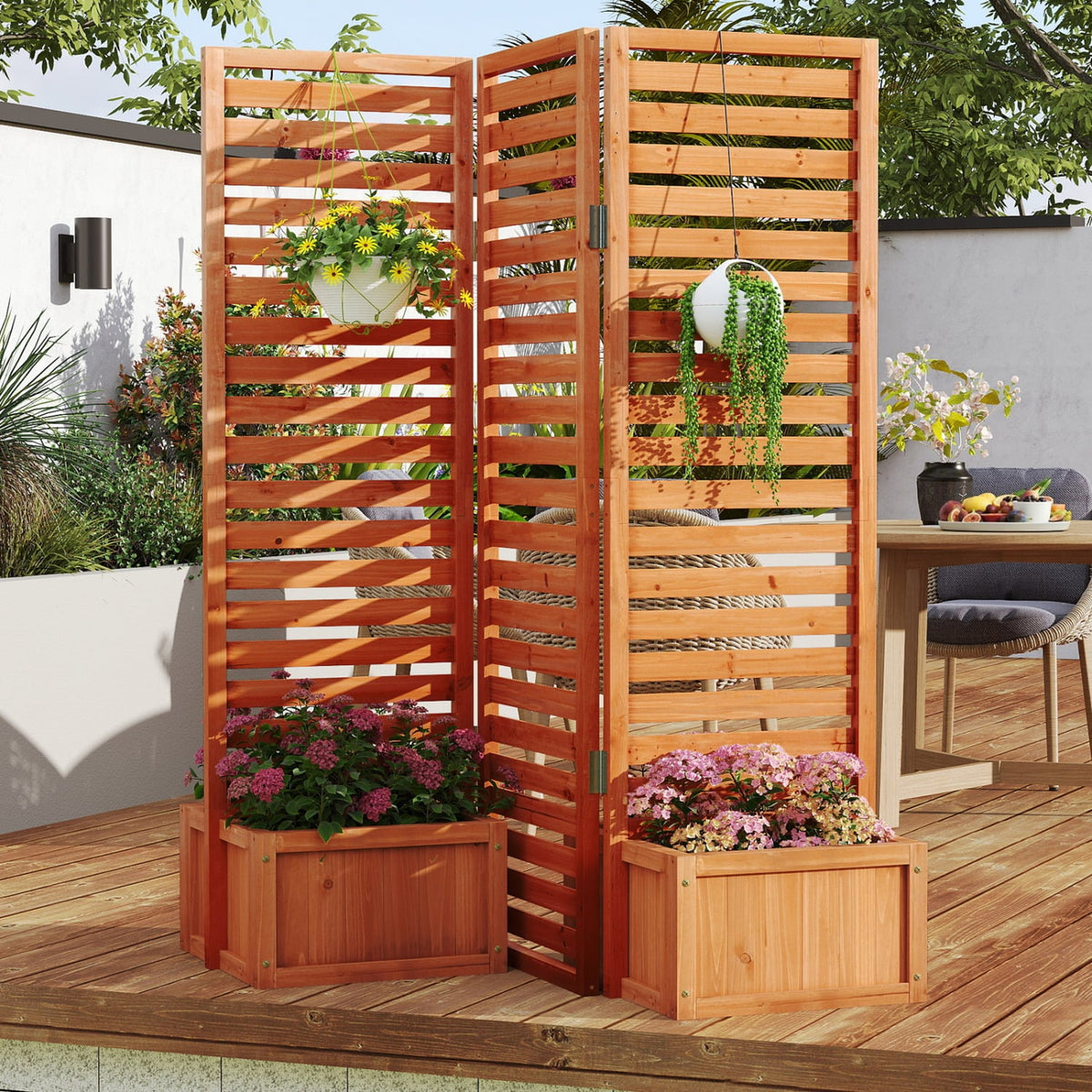 3-Panel Solid Wood Frame Freestanding Garden Fence with 2 Self-Draining Planter Boxes-Yellow view 2