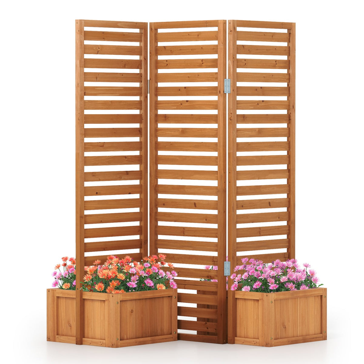 3-Panel Solid Wood Frame Freestanding Garden Fence with 2 Self-Draining Planter Boxes-Yellow