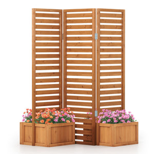 3-Panel Solid Wood Frame Freestanding Garden Fence with 2 Self-Draining Planter Boxes-Yellow