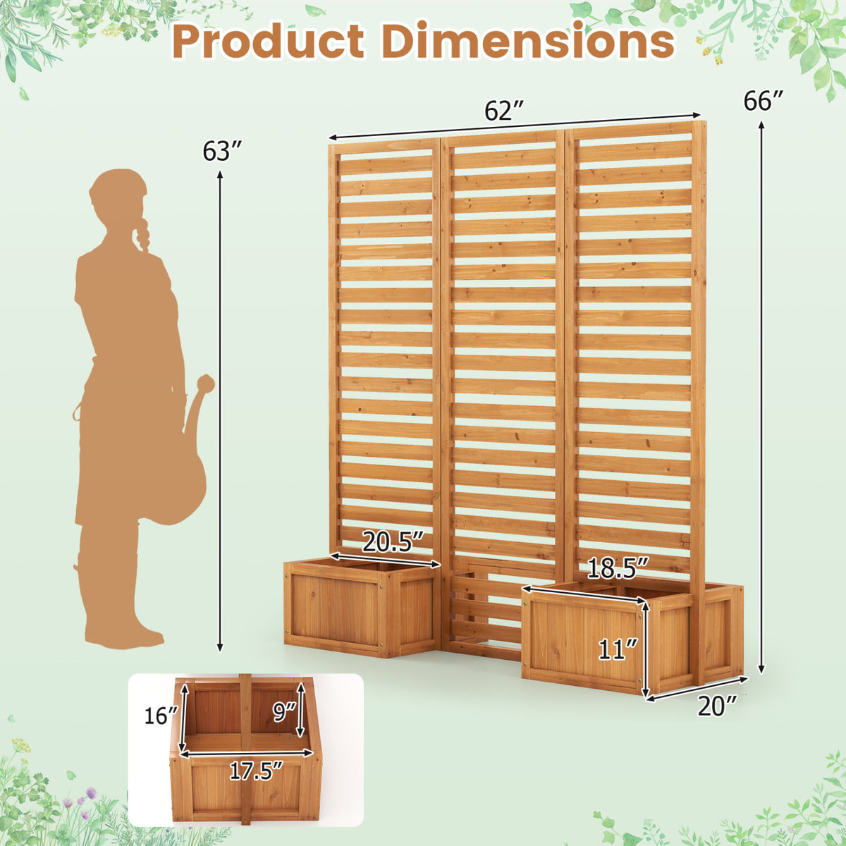 3-Panel Solid Wood Frame Freestanding Garden Fence with 2 Self-Draining Planter Boxes-Yellow view 4