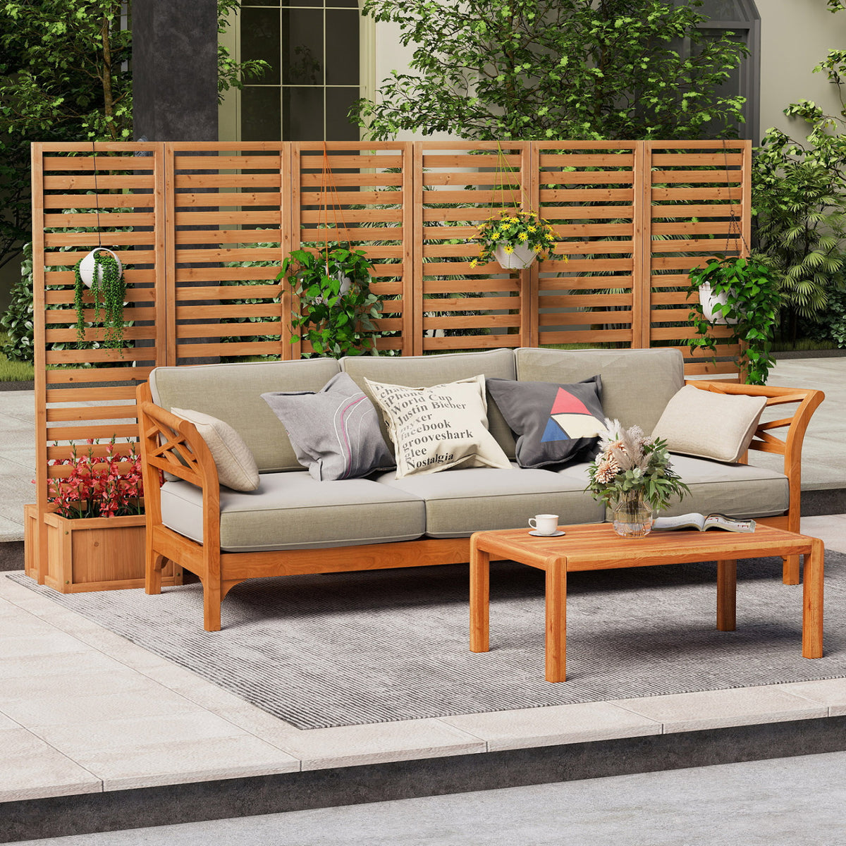 3-Panel Solid Wood Frame Freestanding Garden Fence with 2 Self-Draining Planter Boxes-Yellow view 5