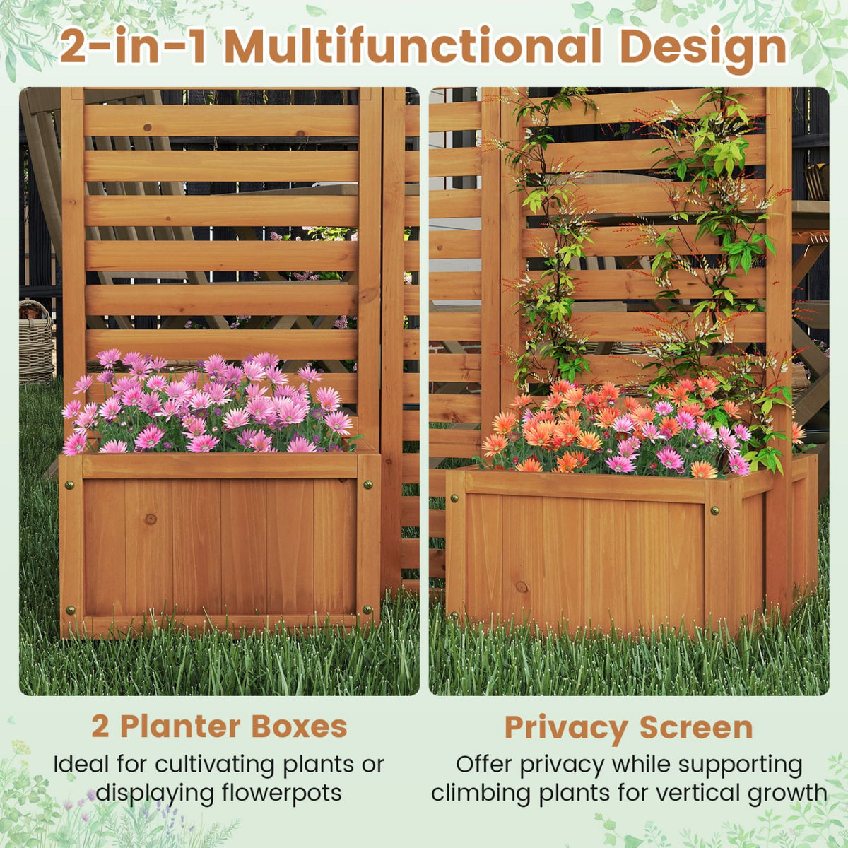 3-Panel Solid Wood Frame Freestanding Garden Fence with 2 Self-Draining Planter Boxes-Yellow view 9