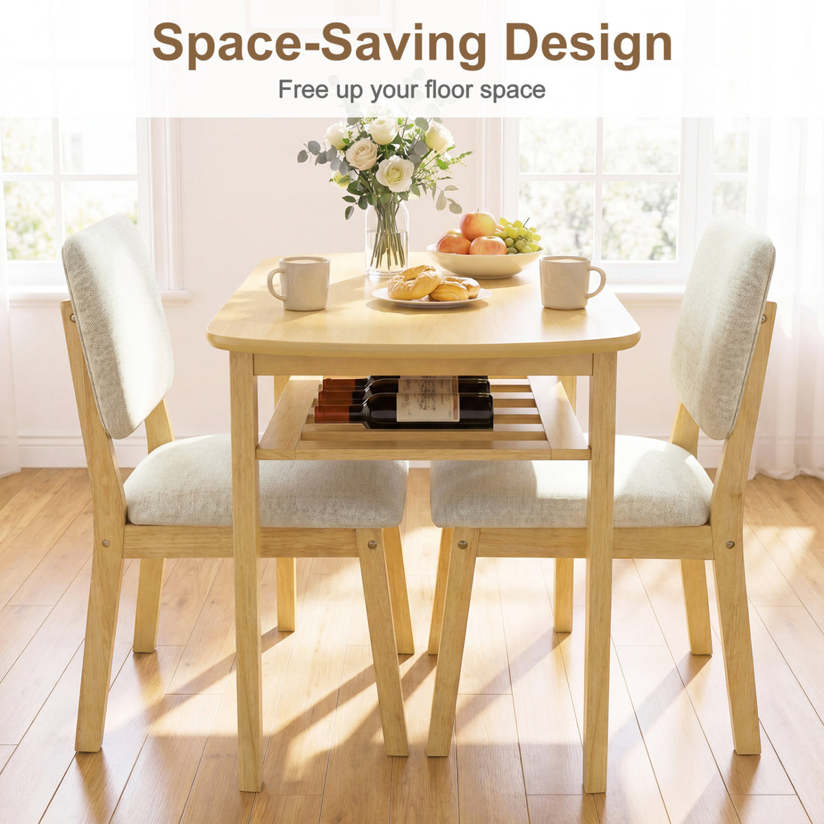 3-Piece Dining Table Set for 2 with Upholstered Chairs-Natural view 9