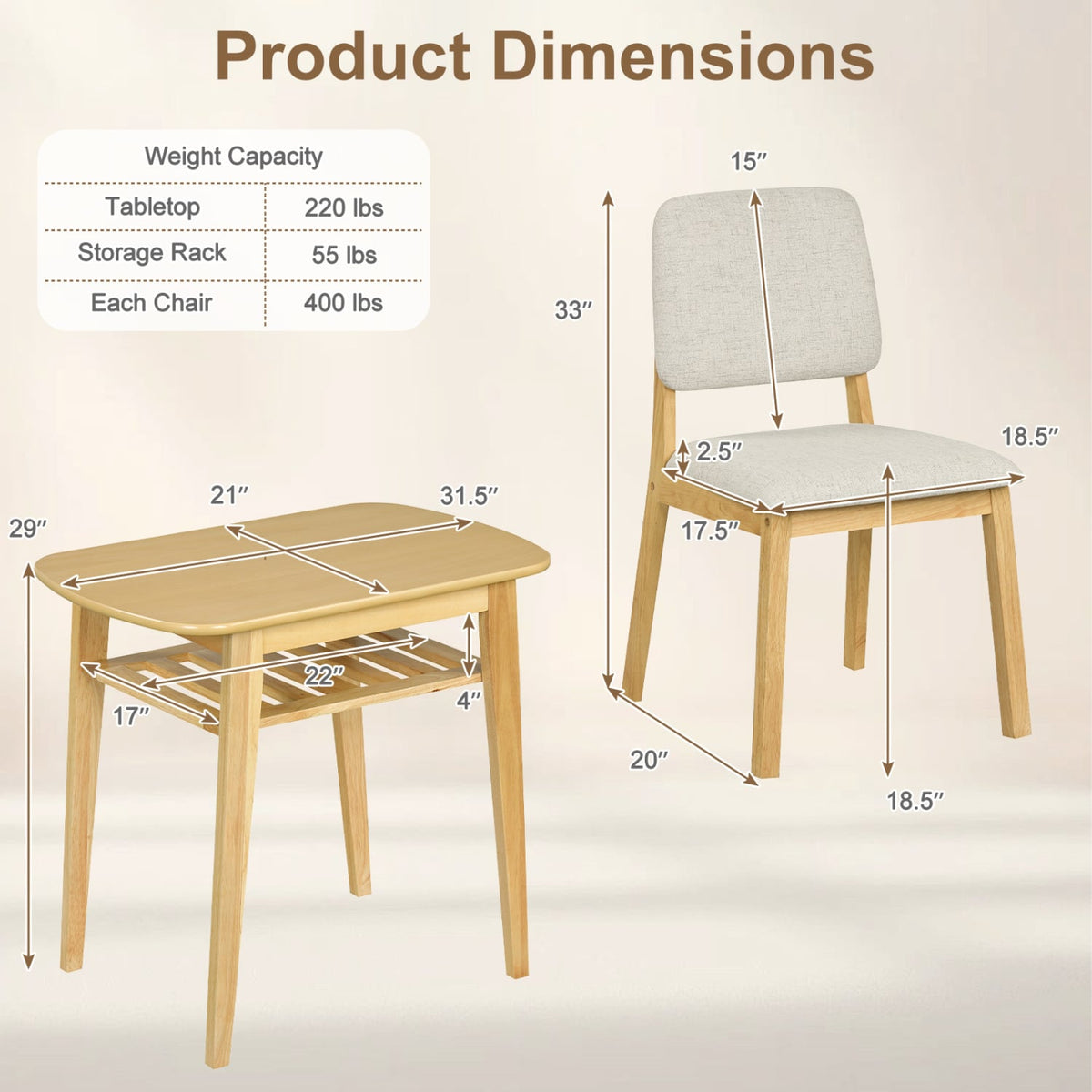3-Piece Dining Table Set for 2 with Upholstered Chairs-Natural view 5