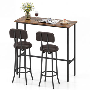 3-Piece Industrial Bar Table Set with 2 Upholstered Stools and Footrests for Dining Room-Rustic Brown view 4