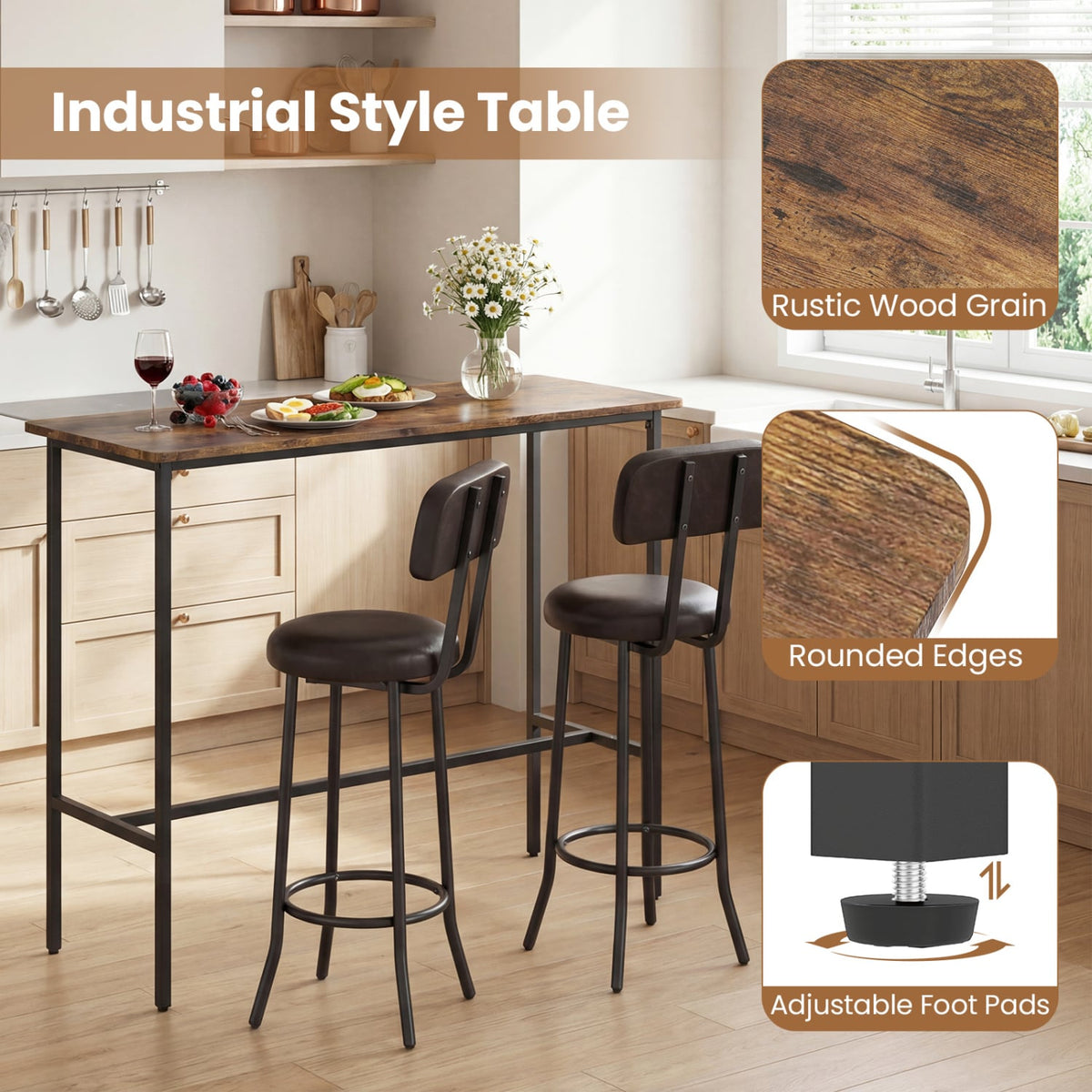 3-Piece Industrial Bar Table Set with 2 Upholstered Stools and Footrests for Dining Room-Rustic Brown view 8