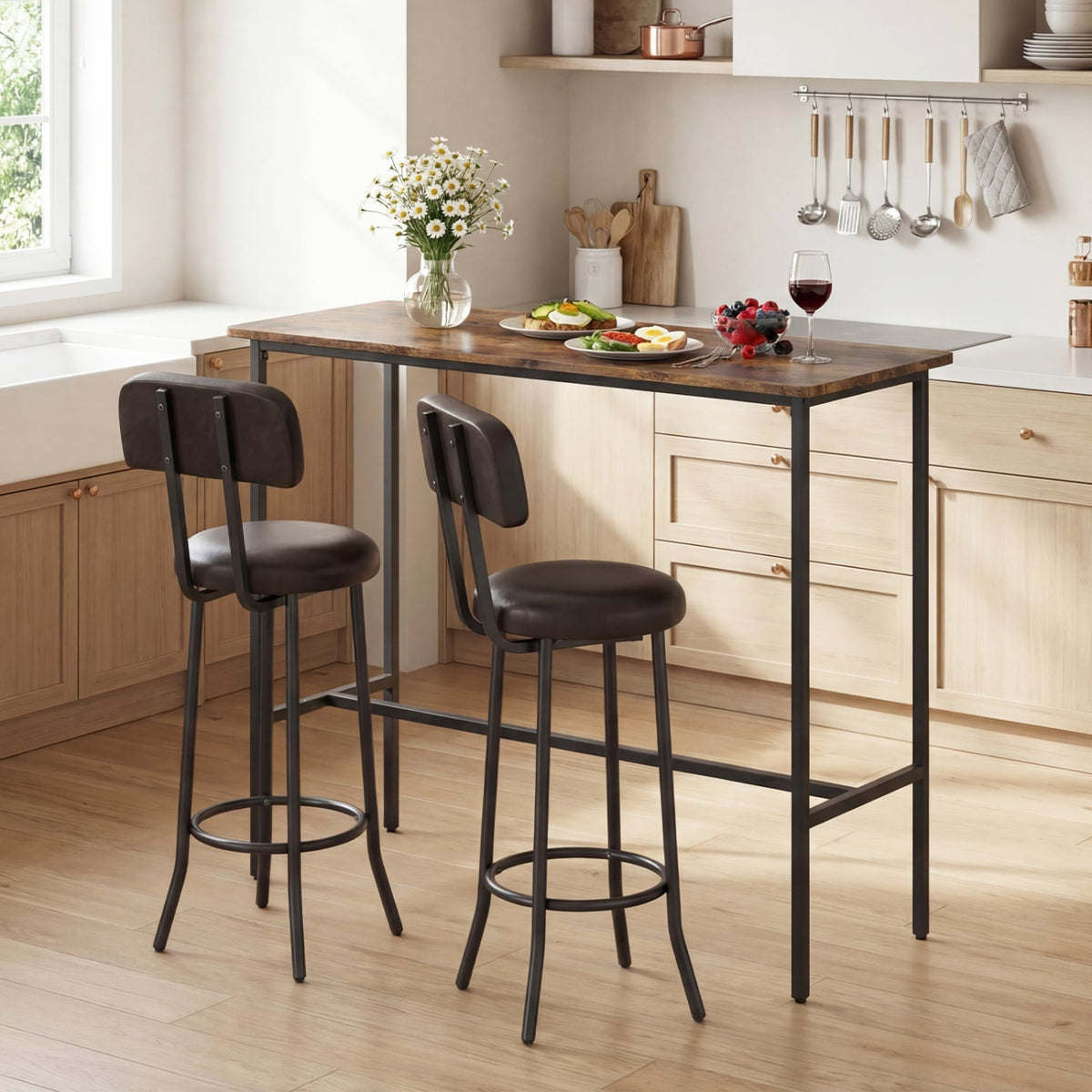 3-Piece Industrial Bar Table Set with 2 Upholstered Stools and Footrests for Dining Room-Rustic Brown view 3