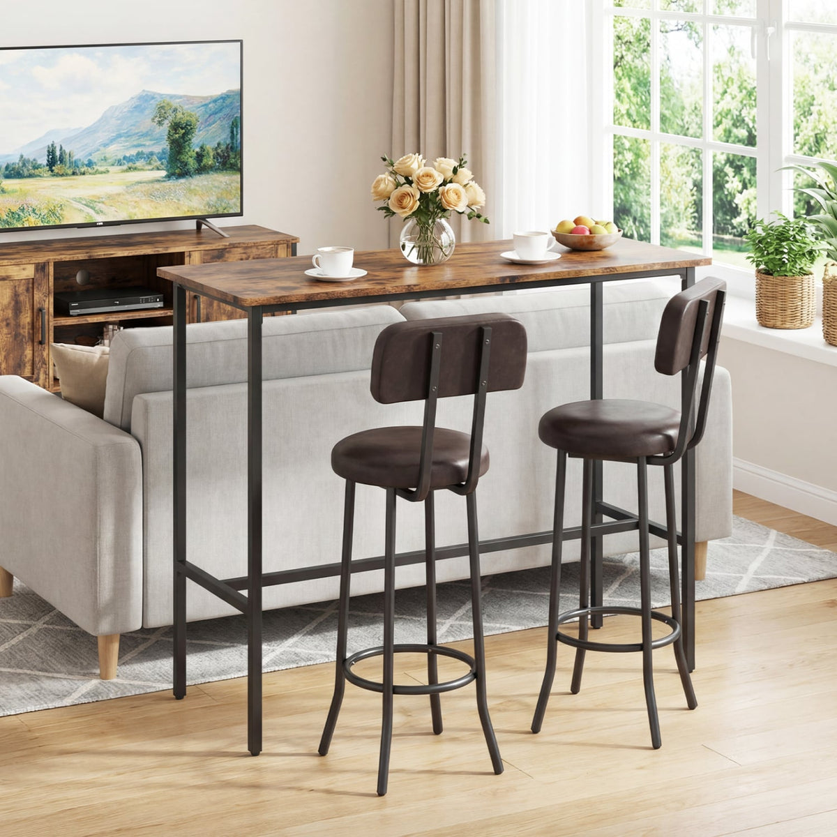 3-Piece Industrial Bar Table Set with 2 Upholstered Stools and Footrests for Dining Room-Rustic Brown view 2
