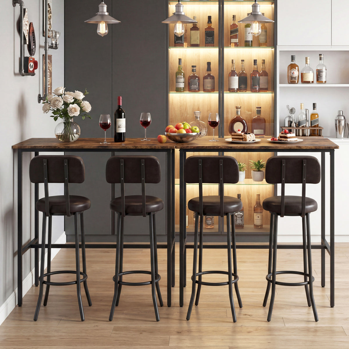 3-Piece Industrial Bar Table Set with 2 Upholstered Stools and Footrests for Dining Room-Rustic Brown view 6