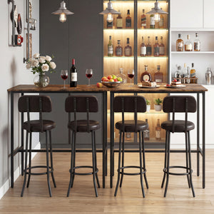 3-Piece Industrial Bar Table Set with 2 Upholstered Stools and Footrests for Dining Room-Rustic Brown view 6