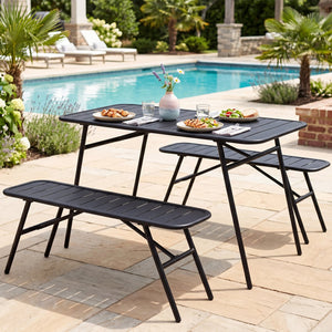 3-Piece Outdoor Dining Set with Coffee Table and 2 Benches for Backyard Deck-Black view 2