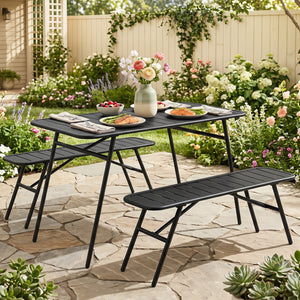 3-Piece Outdoor Dining Set with Coffee Table and 2 Benches for Backyard Deck-Black view 3