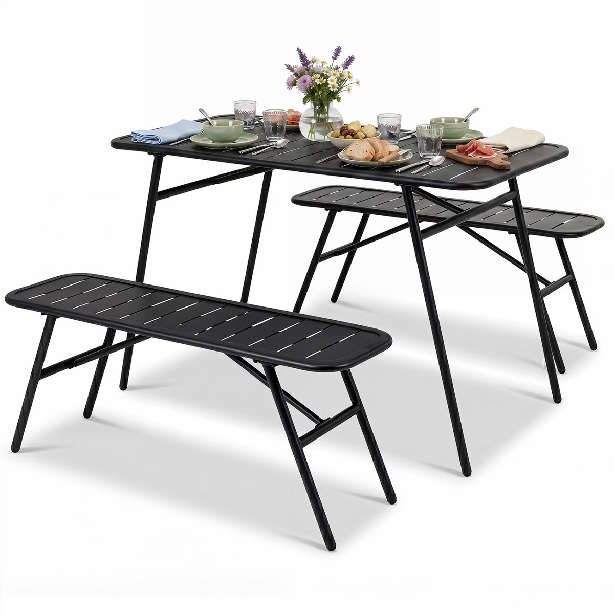 3-Piece Outdoor Dining Set with Coffee Table and 2 Benches for Backyard Deck-Black view 4
