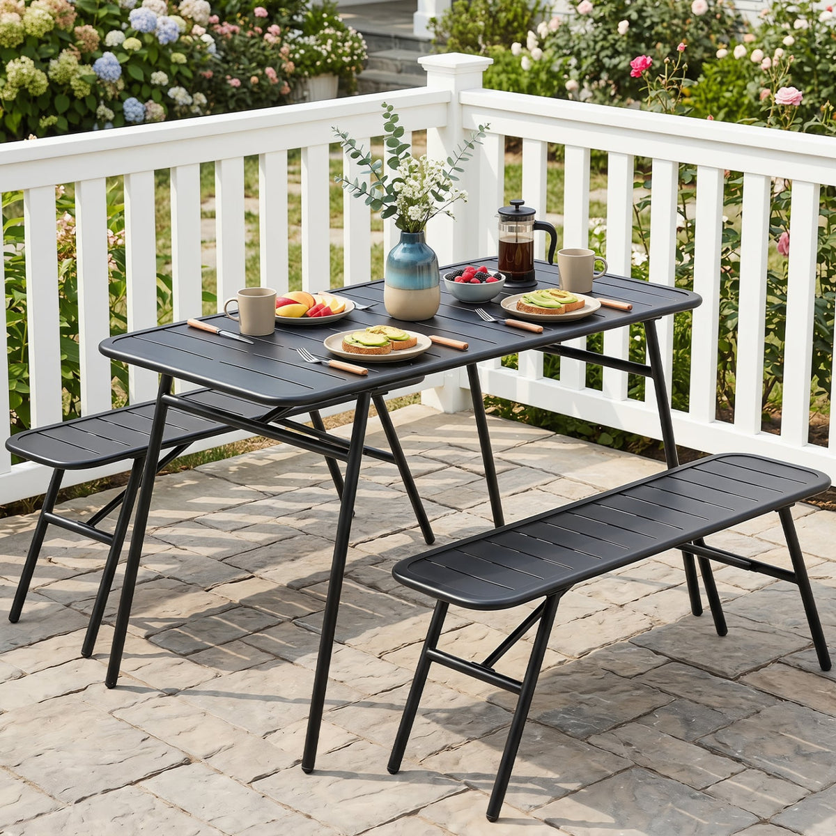 3-Piece Outdoor Dining Set with Coffee Table and 2 Benches for Backyard Deck-Black view 7