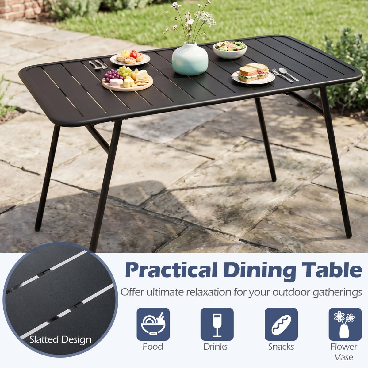 3-Piece Outdoor Dining Set with Coffee Table and 2 Benches for Backyard Deck-Black view 8