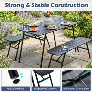3-Piece Outdoor Dining Set with Coffee Table and 2 Benches for Backyard Deck-Black view 9