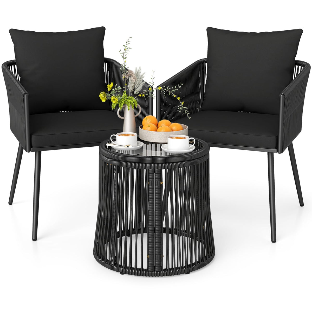3-Piece Outdoor Furniture Set with Cushions for Porch Garden-Black view 7
