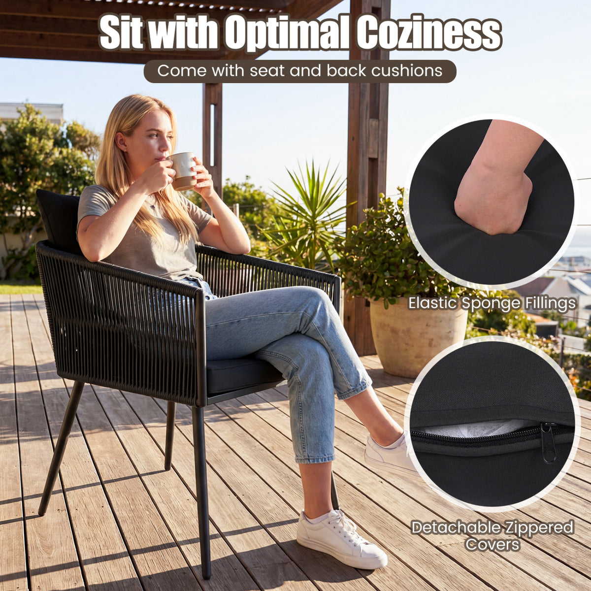 3-Piece Outdoor Furniture Set with Cushions for Porch Garden-Black view 9