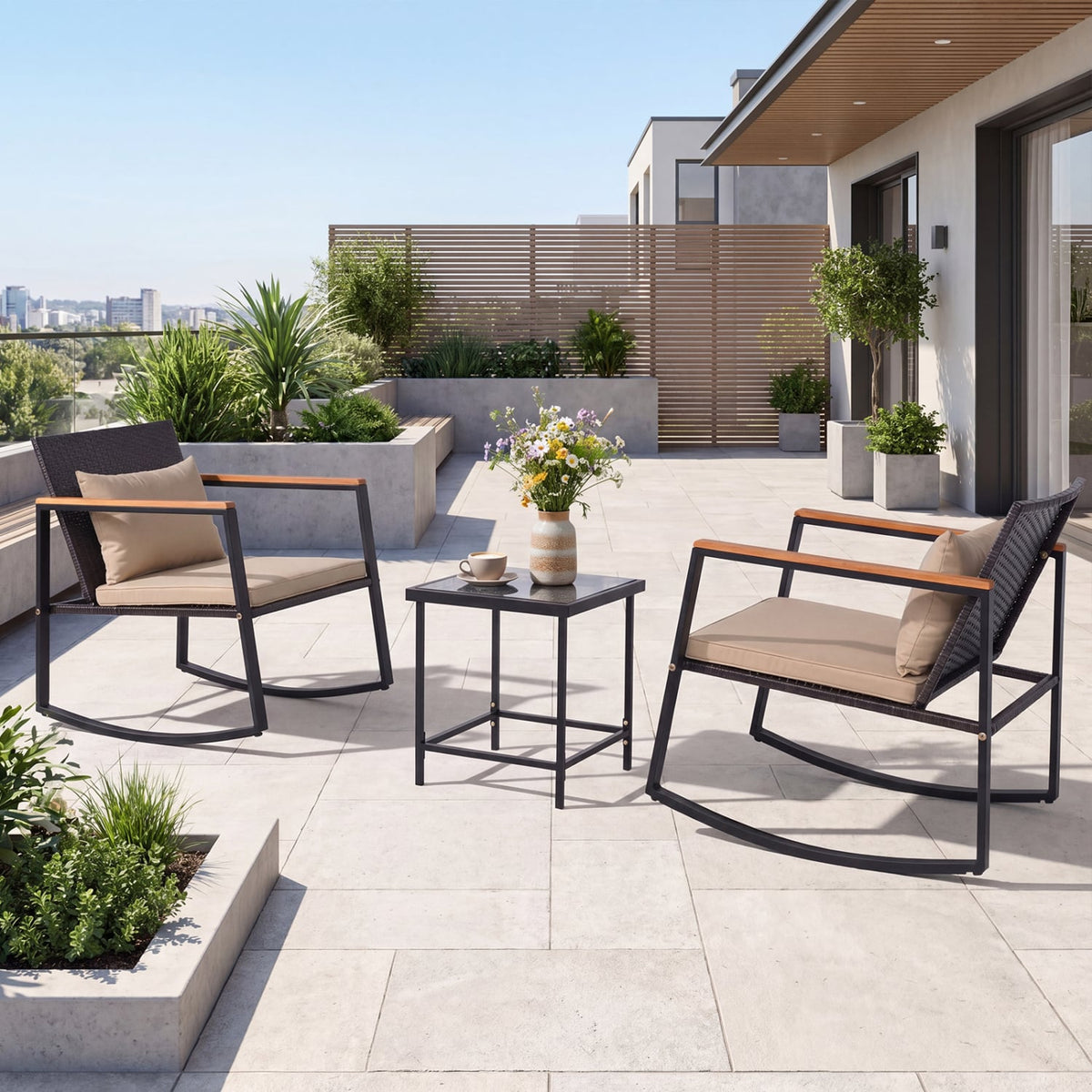 3-Piece Outdoor Rocking Bistro Set with Soft Cushions & Tempered Glass Table-Brown & Black view 3