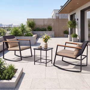 3-Piece Outdoor Rocking Bistro Set with Soft Cushions & Tempered Glass Table-Brown & Black view 3