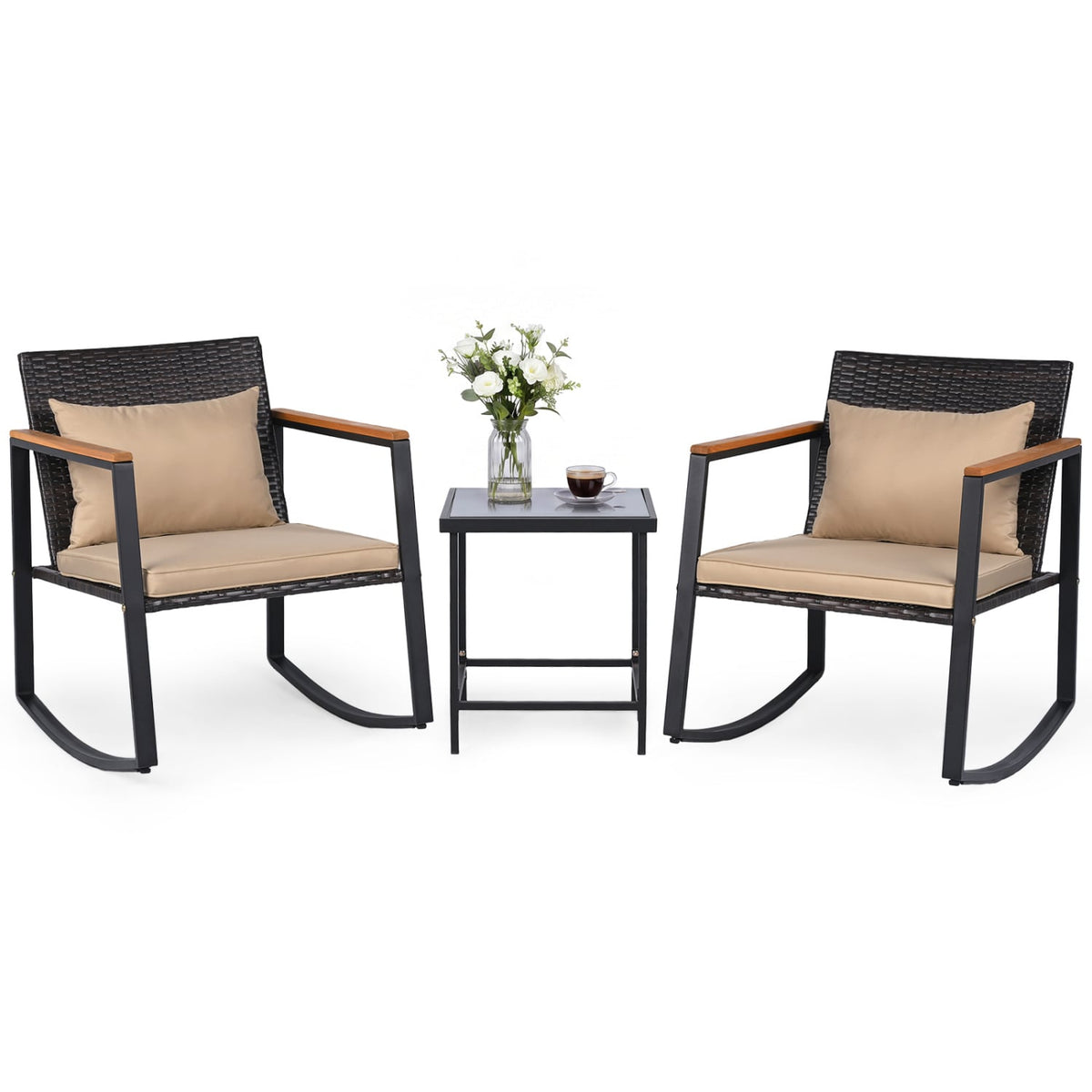 3-Piece Outdoor Rocking Bistro Set with Soft Cushions & Tempered Glass Table-Brown & Black view 4