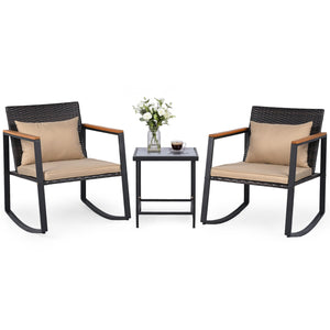 3-Piece Outdoor Rocking Bistro Set with Soft Cushions & Tempered Glass Table-Brown & Black view 4