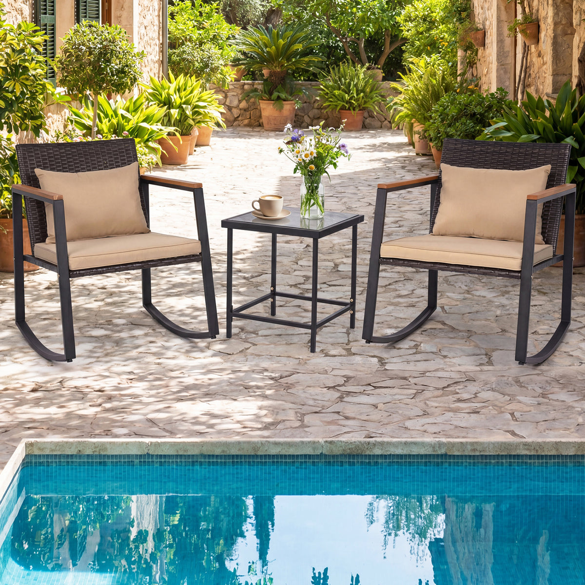 3-Piece Outdoor Rocking Bistro Set with Soft Cushions & Tempered Glass Table-Brown & Black view 6