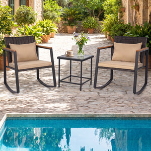 3-Piece Outdoor Rocking Bistro Set with Soft Cushions & Tempered Glass Table-Brown & Black view 6
