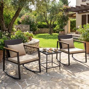 3-Piece Outdoor Rocking Bistro Set with Soft Cushions and Tempered Glass Table-Brown view 2