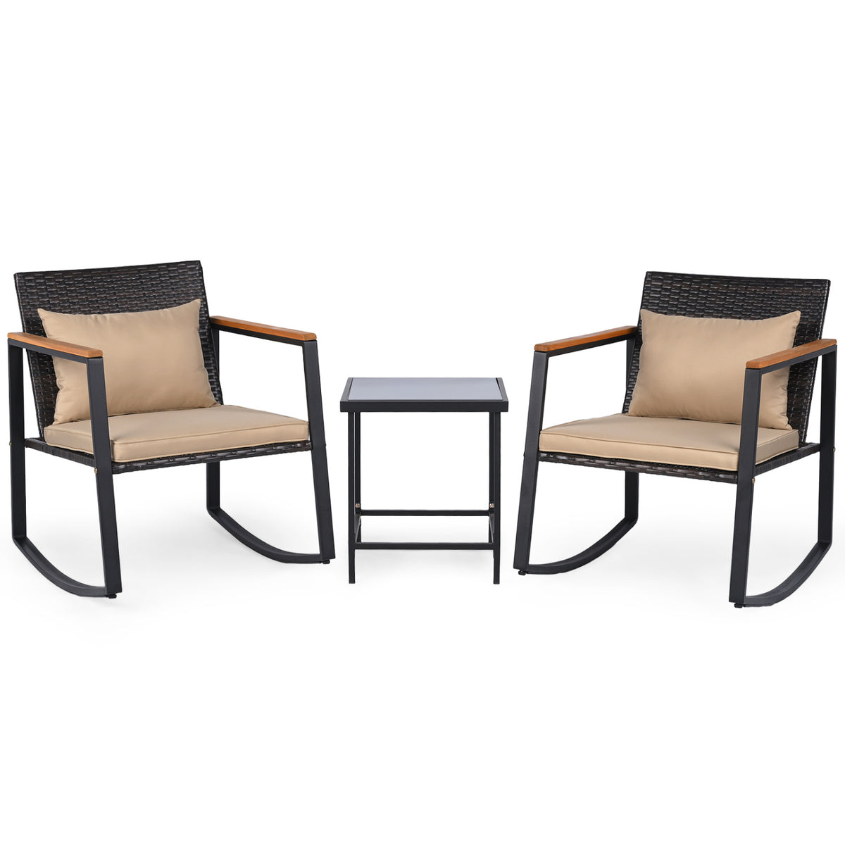 3-Piece Outdoor Rocking Bistro Set with Soft Cushions and Tempered Glass Table-Brown