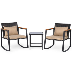 3-Piece Outdoor Rocking Bistro Set with Soft Cushions and Tempered Glass Table-Brown