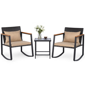 3-Piece Outdoor Rocking Bistro Set with Soft Cushions and Tempered Glass Table-Brown view 4