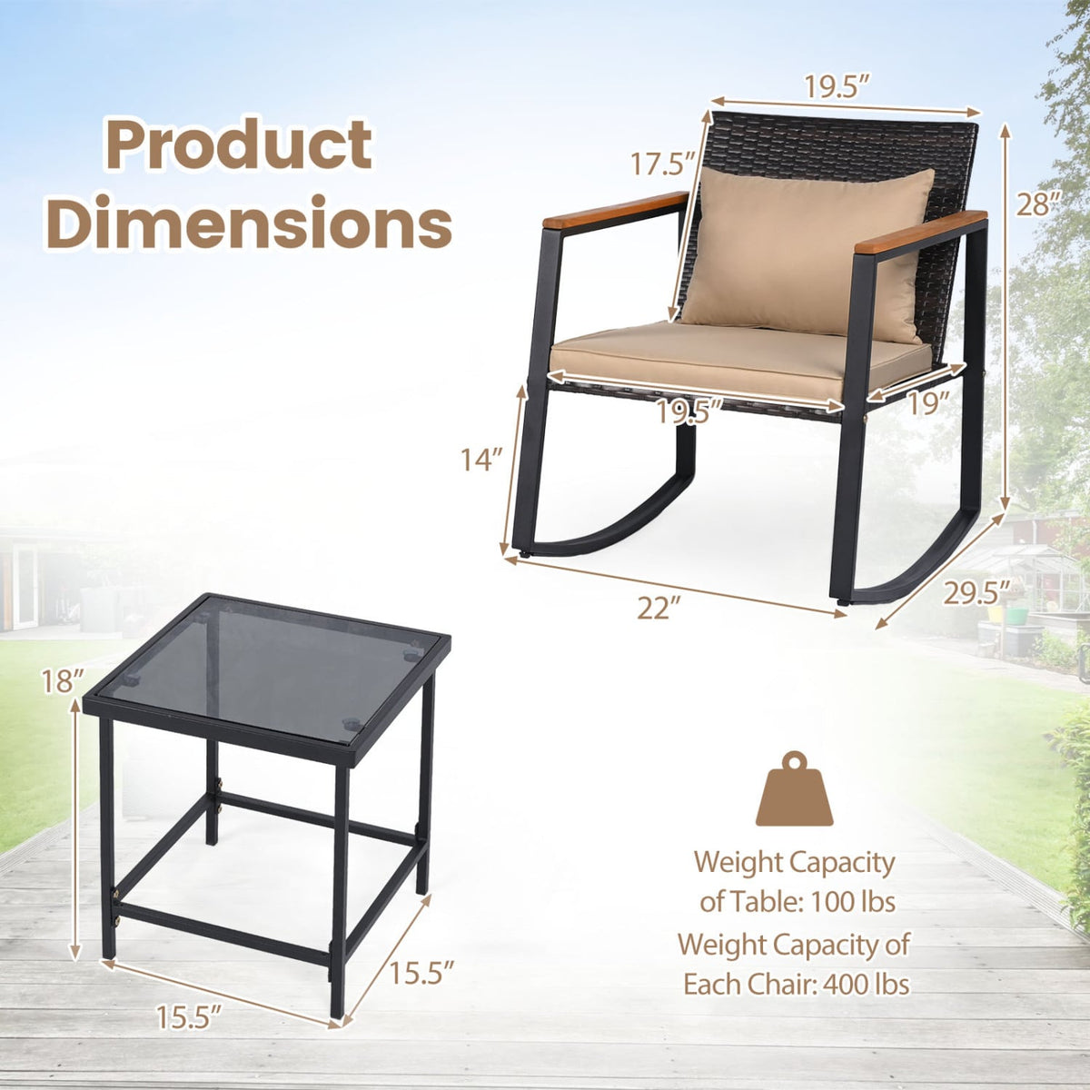 3-Piece Outdoor Rocking Bistro Set with Soft Cushions and Tempered Glass Table-Brown view 5