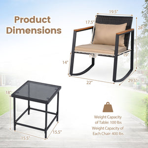 3-Piece Outdoor Rocking Bistro Set with Soft Cushions and Tempered Glass Table-Brown view 5