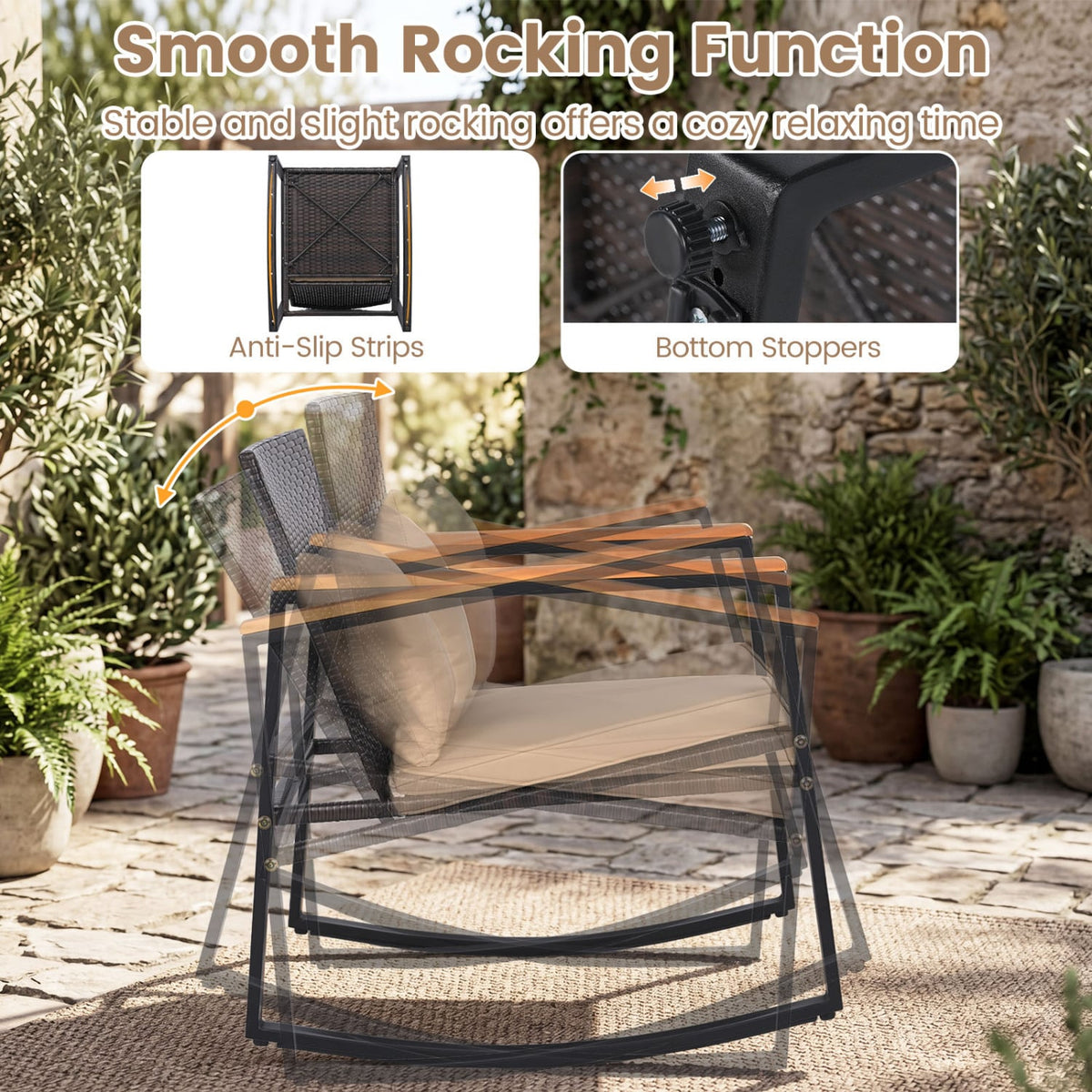 3-Piece Outdoor Rocking Bistro Set with Soft Cushions and Tempered Glass Table-Brown view 7