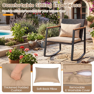 3-Piece Outdoor Rocking Bistro Set with Soft Cushions and Tempered Glass Table-Brown view 8