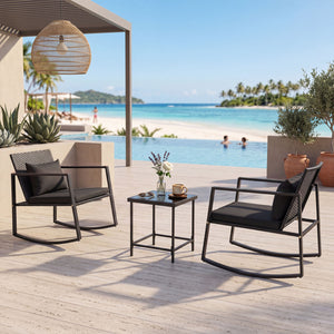 3-Piece Outdoor Rocking Bistro Set with Soft Cushions and Tempered Glass Table-Dark view 3