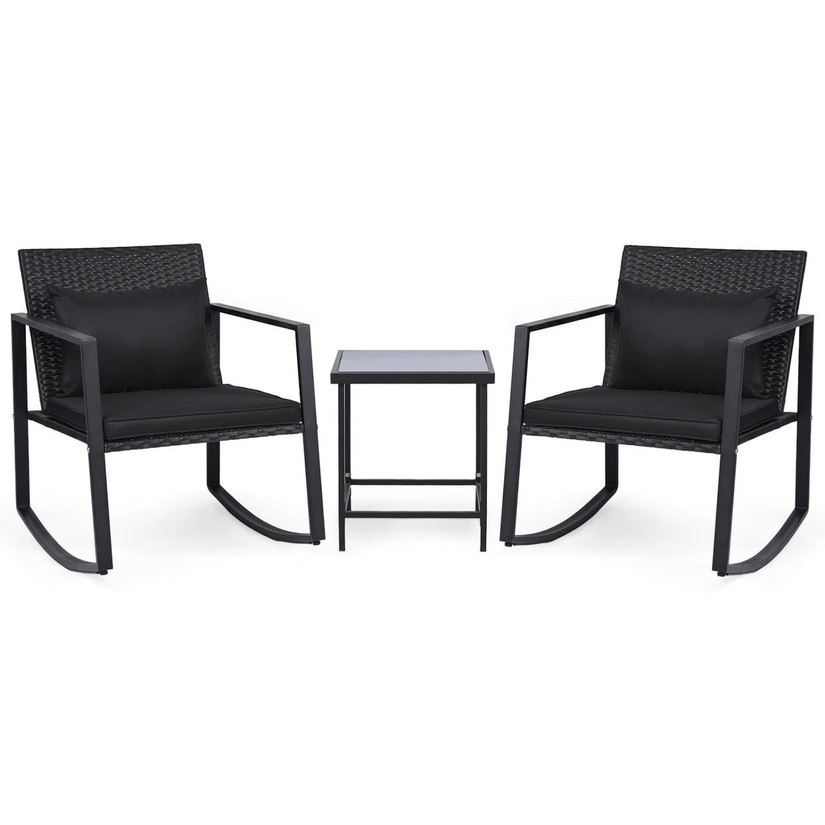 3-Piece Outdoor Rocking Bistro Set with Soft Cushions and Tempered Glass Table-Dark