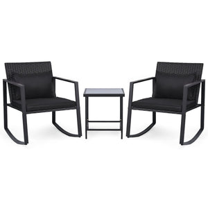 3-Piece Outdoor Rocking Bistro Set with Soft Cushions and Tempered Glass Table-Dark
