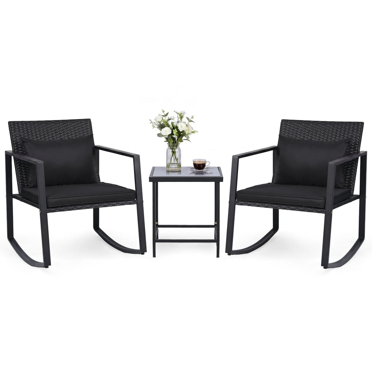 3-Piece Outdoor Rocking Bistro Set with Soft Cushions and Tempered Glass Table-Dark view 4
