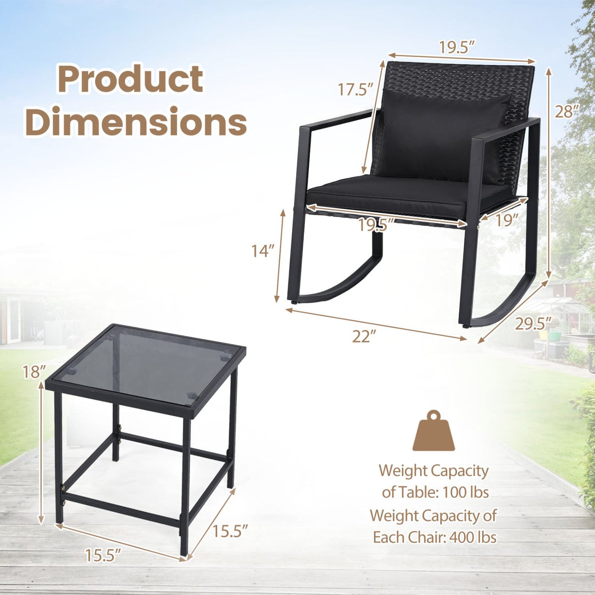 3-Piece Outdoor Rocking Bistro Set with Soft Cushions and Tempered Glass Table-Dark view 5