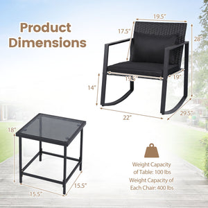 3-Piece Outdoor Rocking Bistro Set with Soft Cushions and Tempered Glass Table-Dark view 5