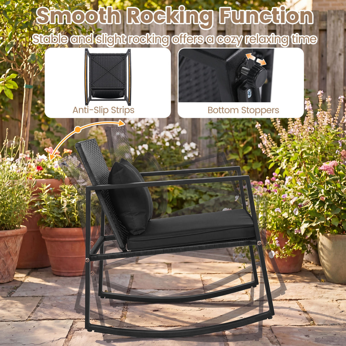 3-Piece Outdoor Rocking Bistro Set with Soft Cushions and Tempered Glass Table-Dark view 6