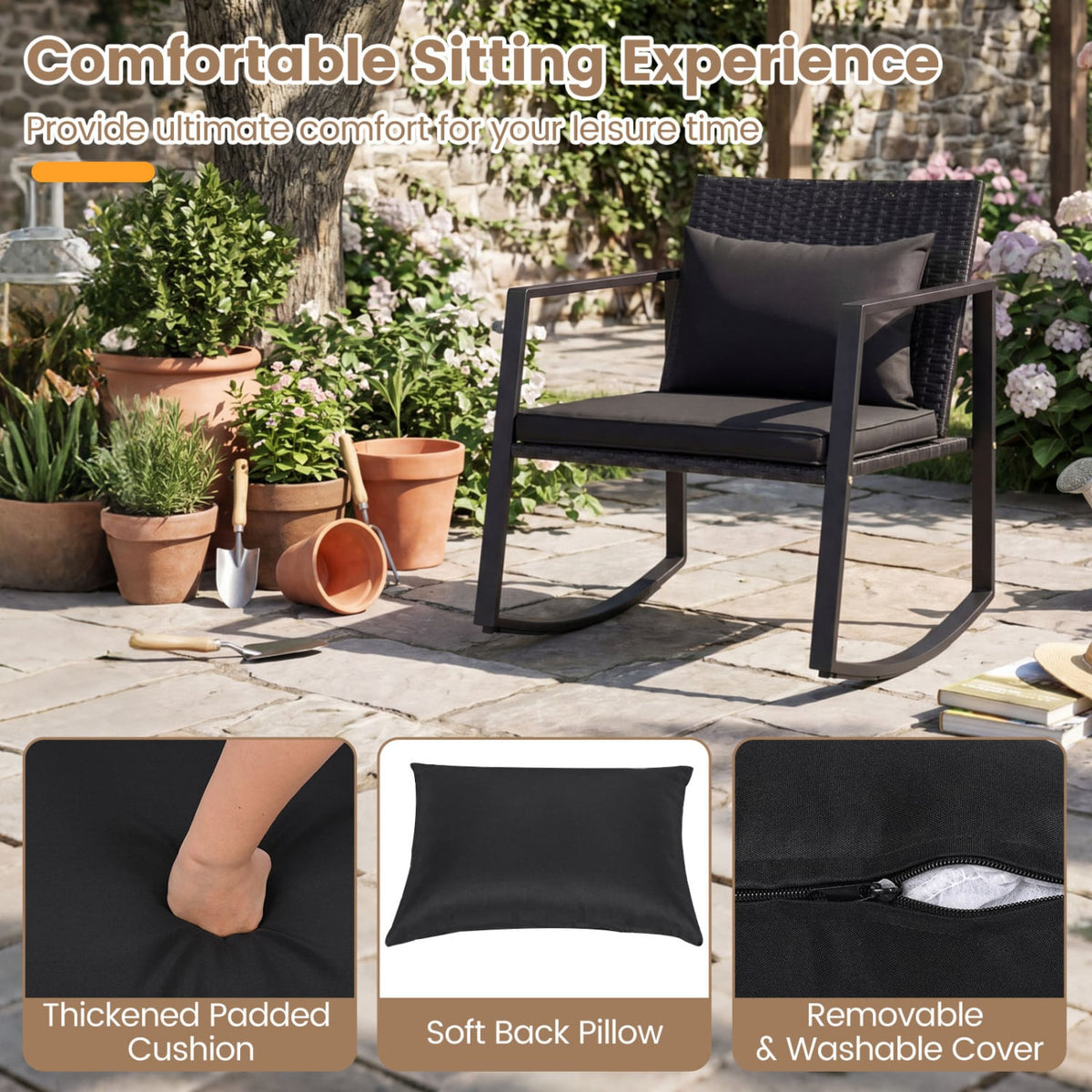 3-Piece Outdoor Rocking Bistro Set with Soft Cushions and Tempered Glass Table-Dark view 7